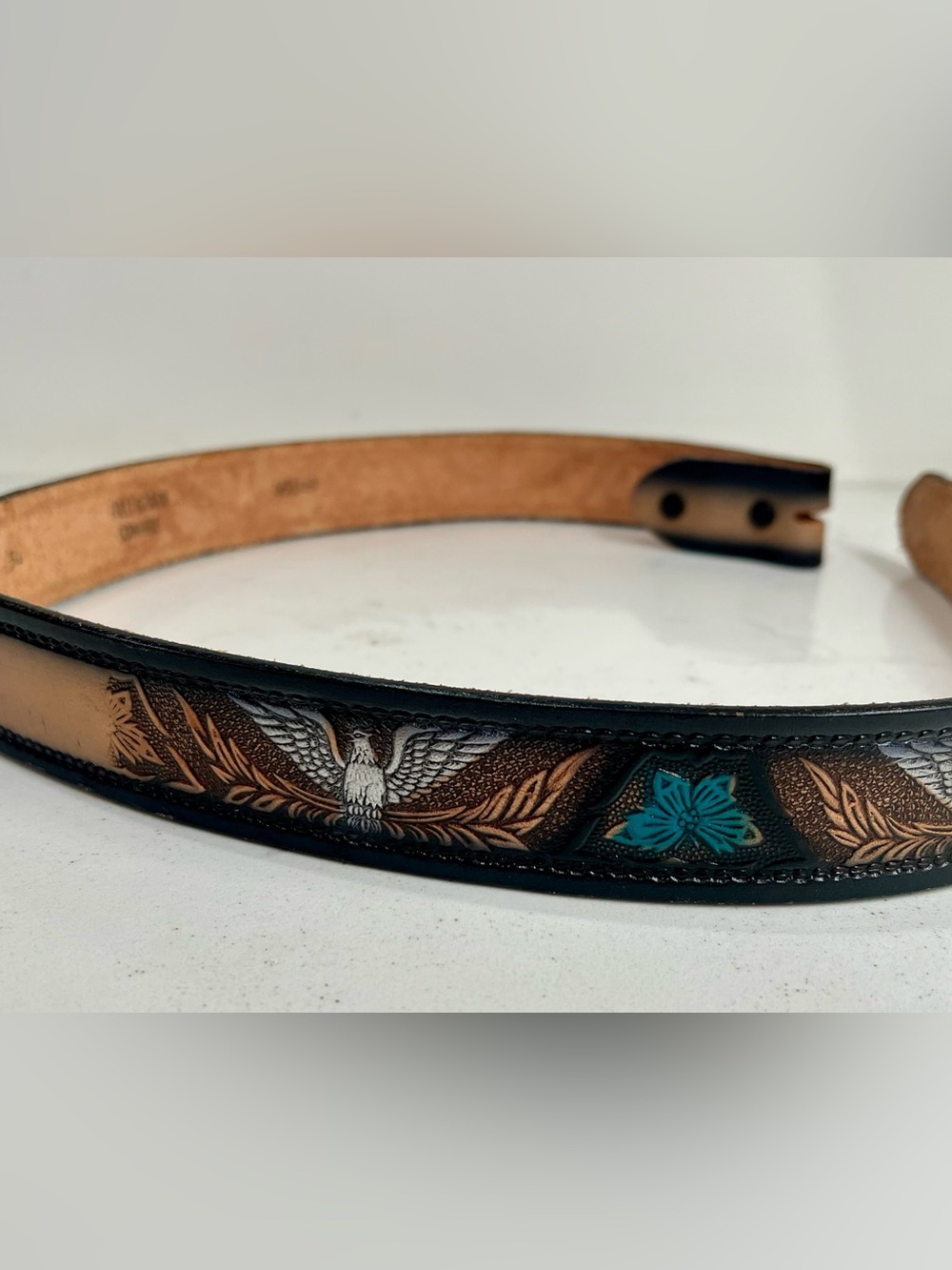 Leather Belt Full Grain Cowhide Eagle Floral Rodeo Western “Carol” Size 34
